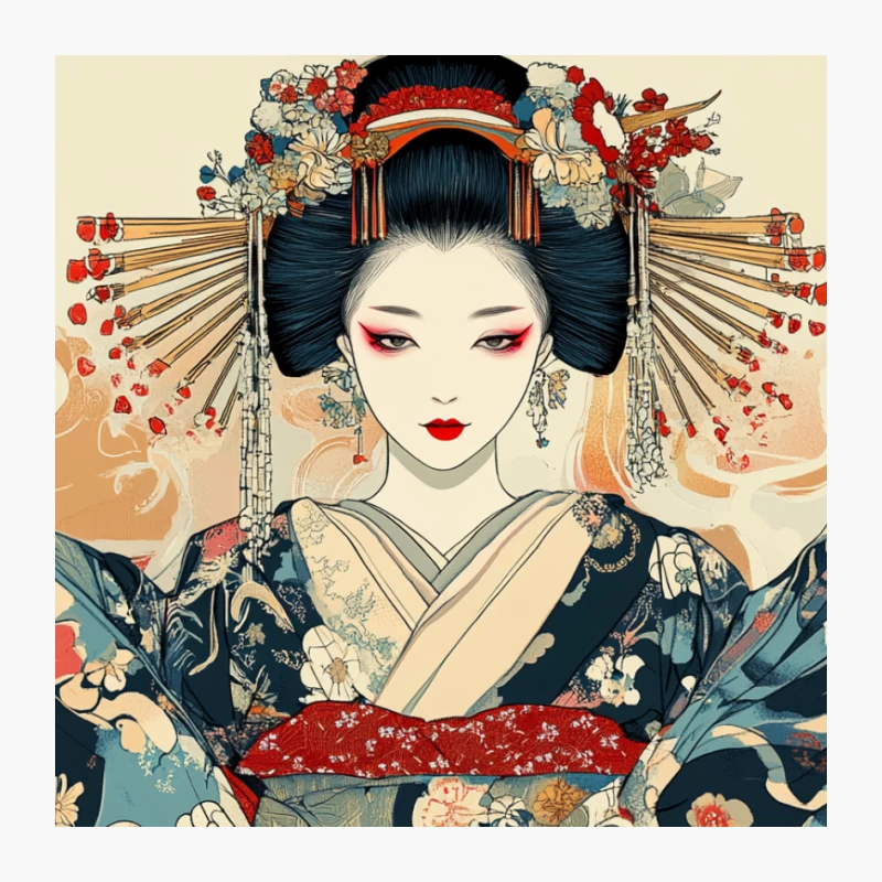 Ornate Geisha Portrait in Traditional Japanese Art Style Pin