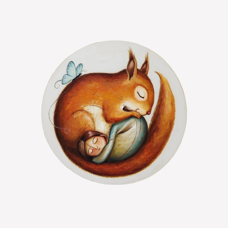 Whimsical Illustration: Nurturing Squirrel with Sleeping Baby and Butterfly Male T-Shirt