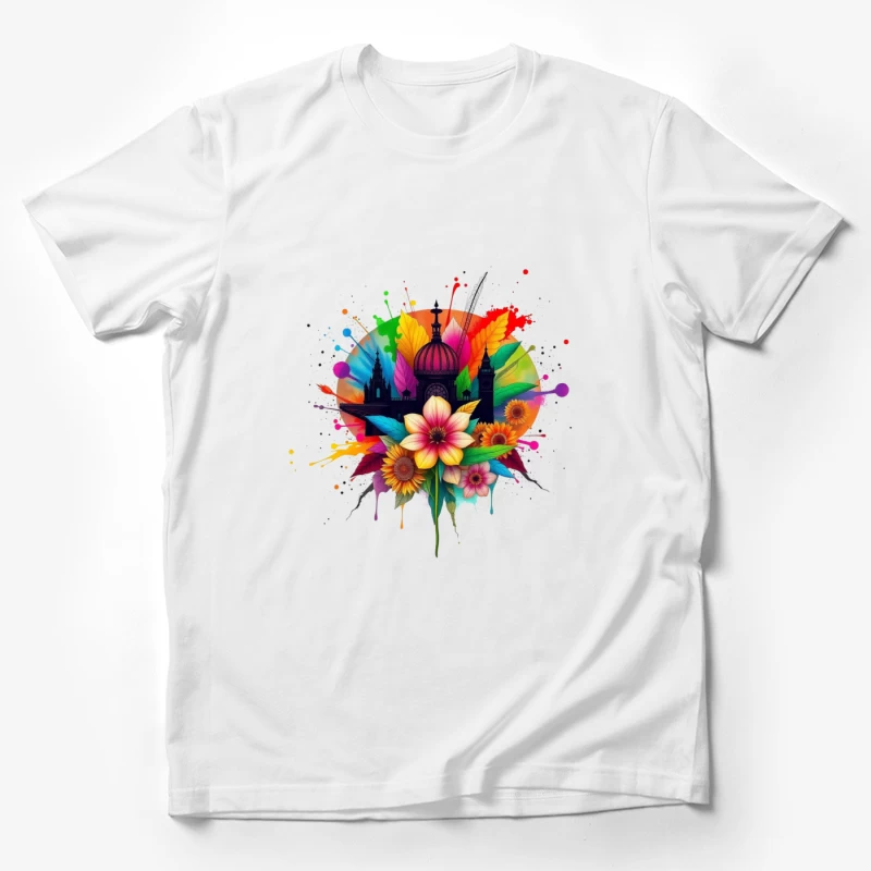 Vibrant Cathedral Silhouette with Rainbow Floral Splash Male T-Shirt