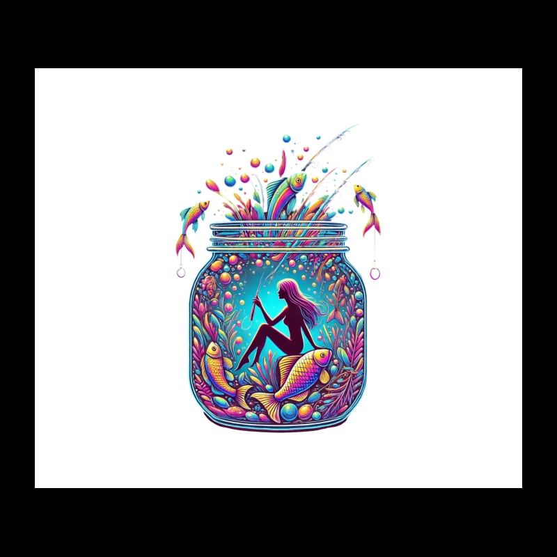 Magical Mermaid in Enchanted Mason Jar with Rainbow Fish Tapestry