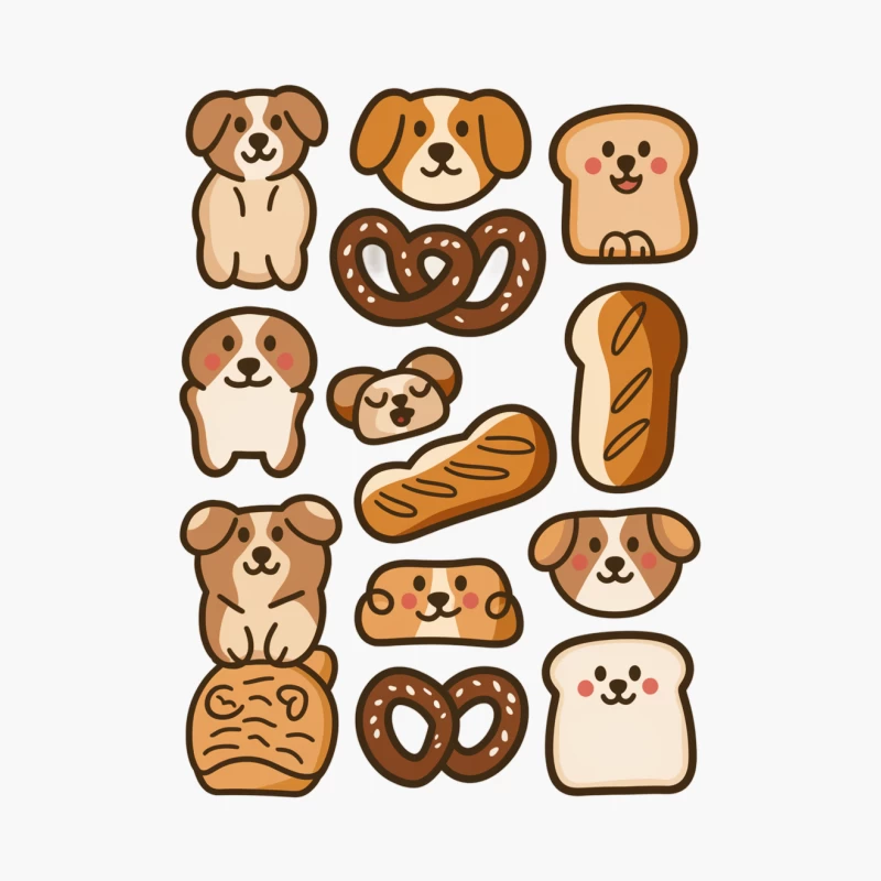 Cute Cartoon Dogs and Bread Icons in Kawaii Style Cotton Tote Bag