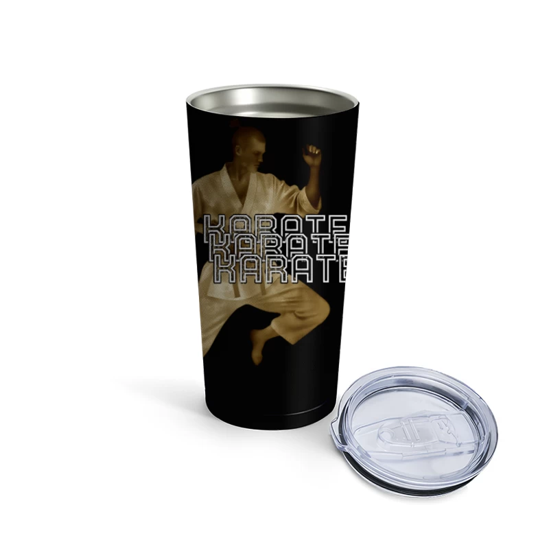 Karate Fighter in Dynamic Combat Stance with Stylized Text Travel Mug