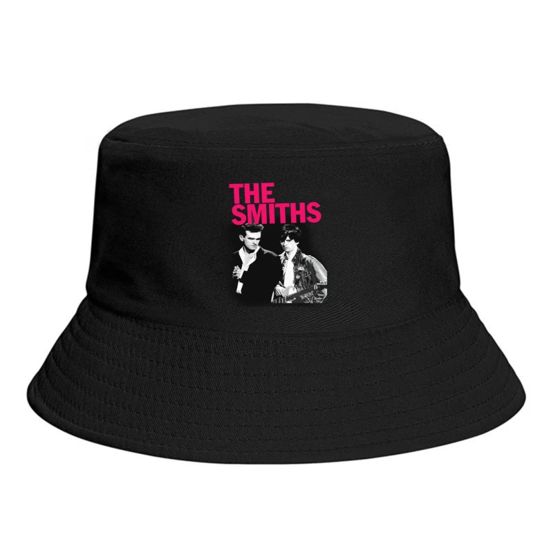 The Smiths: Iconic 1980s Indie Rock Band Portrait with Pink Logo Bucket Hat