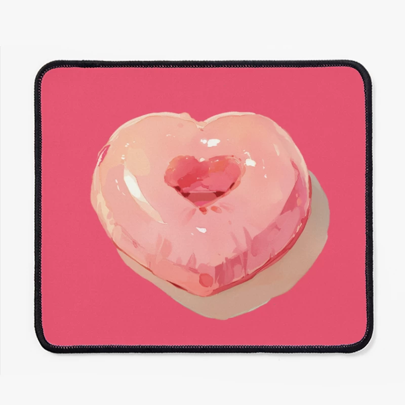 Pink Heart-Shaped Glazed Donut Digital Illustration Mouse Pad