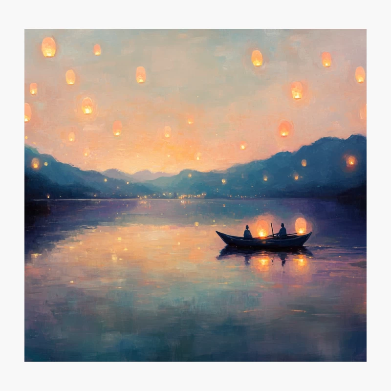 Lantern-Lit Night on a Tranquil Mountain Lake Throw Pillow