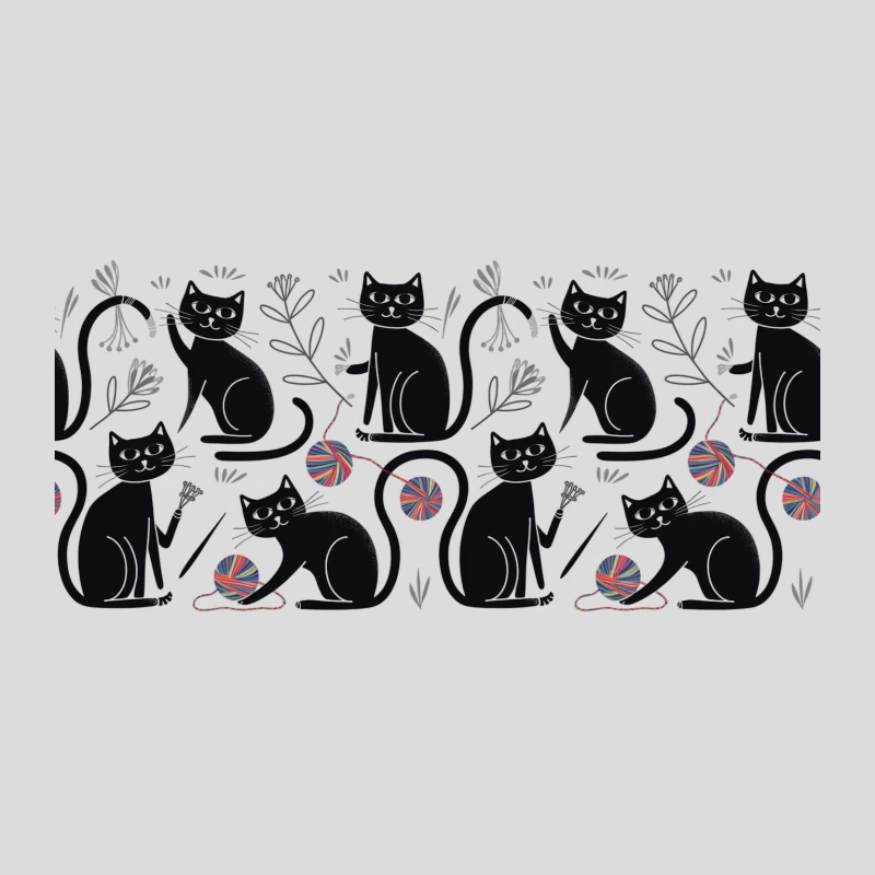 Playful Black Cats with Yarn in Whimsical Floral Pattern Baseball Cap