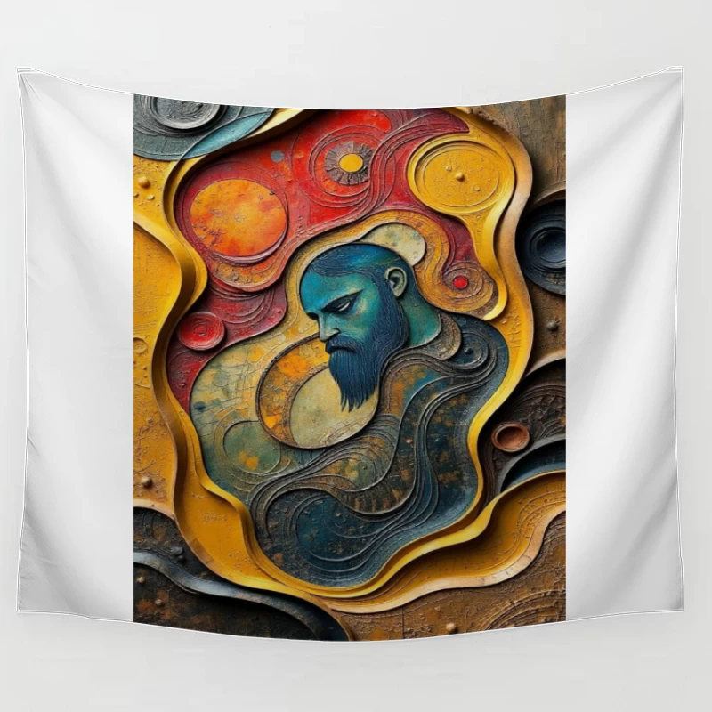 Mystical Cosmic Portrait in Turquoise and Gold Tapestry