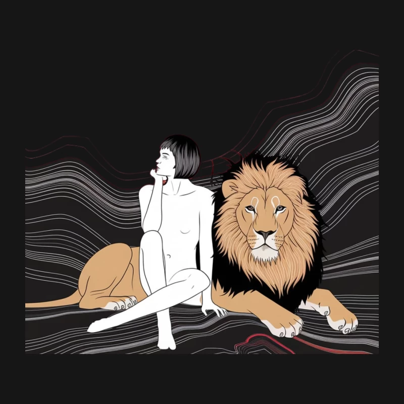 Surreal Minimalist Illustration: Woman and Lion in Black and White Mouse Pad