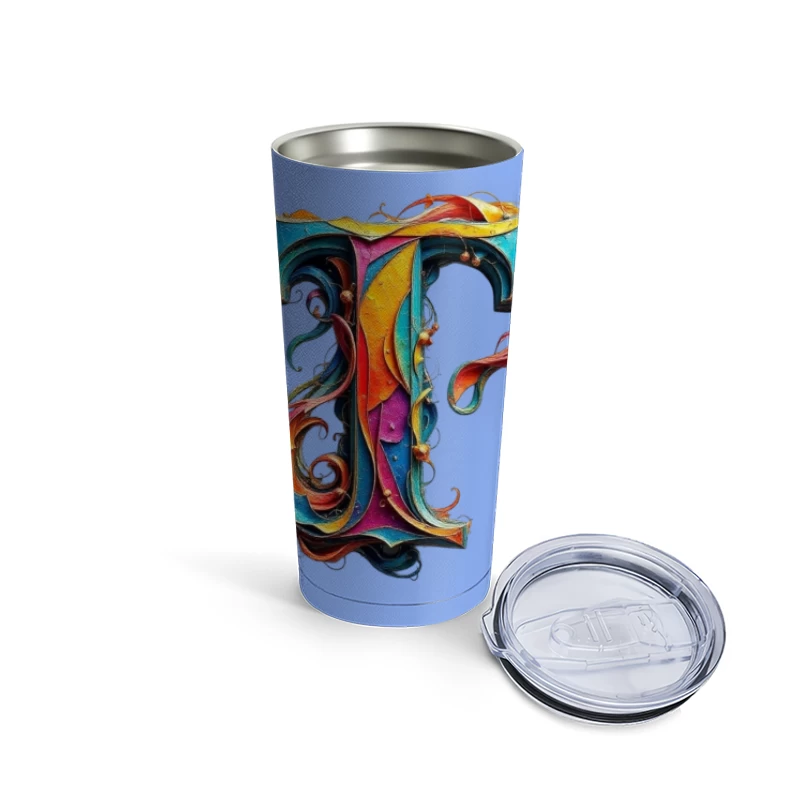 Ornate Colorful Typography: Decorated Letter T Illustration Travel Mug