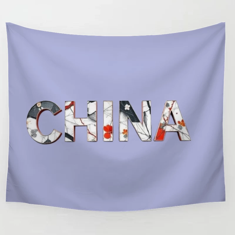 Artistic China Typography with Oriental Floral Design Tapestry