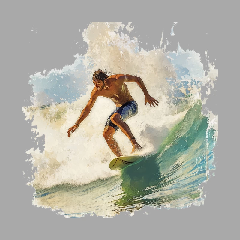 Dynamic Watercolor Surfer Riding Turquoise Wave Male Pullover Hoodie