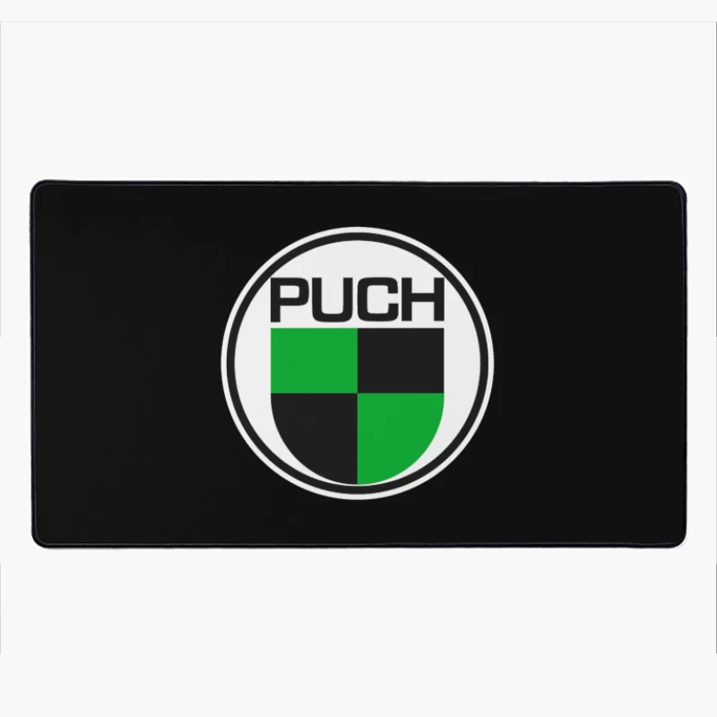 Vintage Puch Motorcycle Company Logo with Green and Black Shield Design Desk Mat