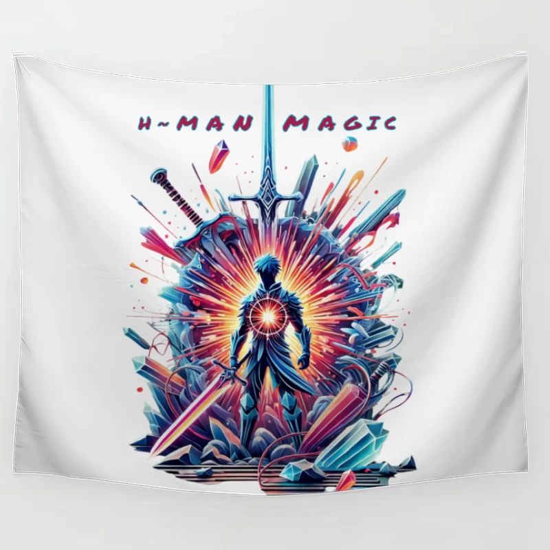 Mystical Warrior Silhouette with Magical Sword Burst Tapestry