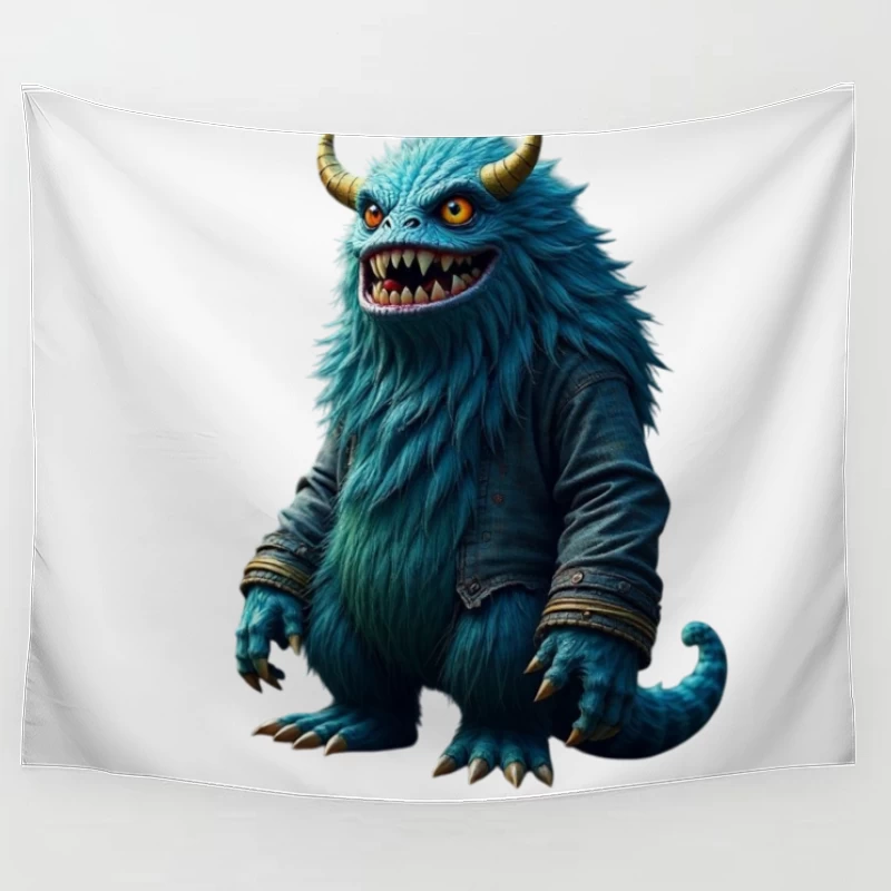 Furry Blue Monster in Denim Jacket with Golden Horns Tapestry