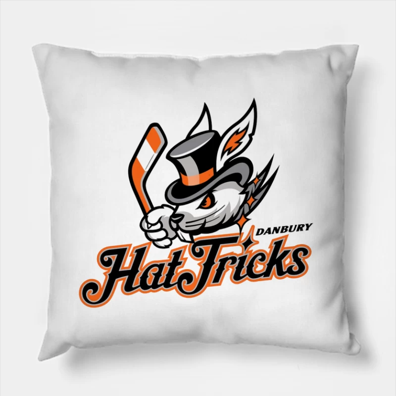 Danbury Hat Tricks Hockey Team Logo with Rabbit Mascot Throw Pillow