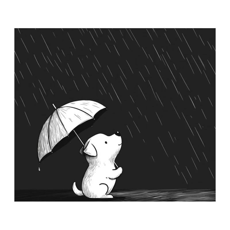 Cute Puppy with Umbrella in the Rain - Minimalist Black and White Illustration Tapestry