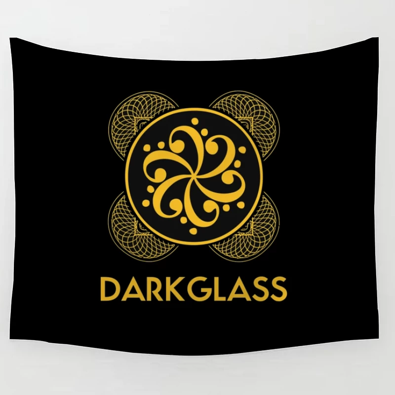 Black and Gold Ornamental Spiral Logo with Darkglass Text Tapestry