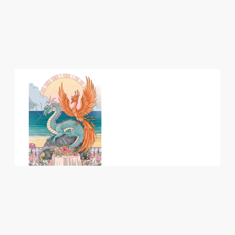Mythical Creatures: Phoenix and Dragon in Vibrant Beach Fantasy Scene Coffee Mug