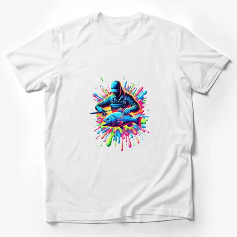 Neon Fishing Adventure Digital Art with Vibrant Color Splash Male T-Shirt