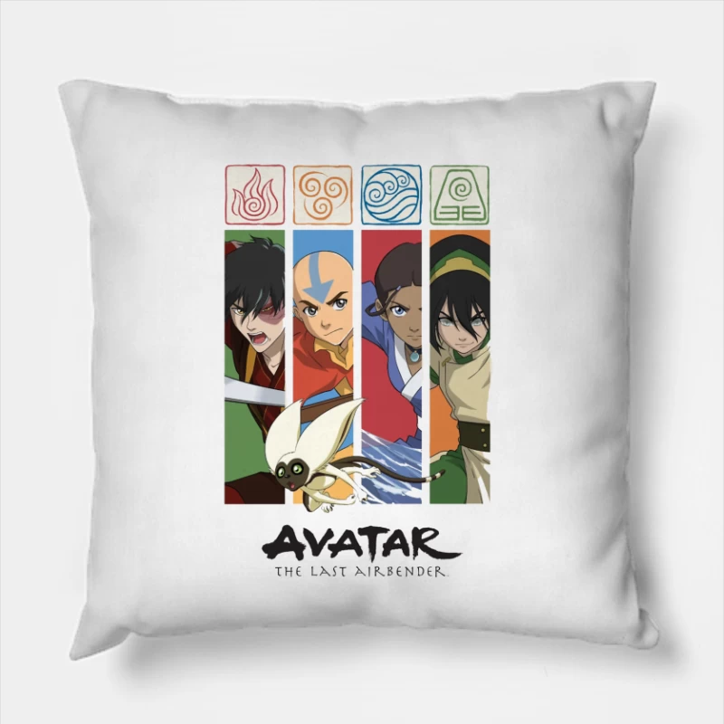 Avatar: The Last Airbender Character Panel with Elemental Symbols Throw Pillow