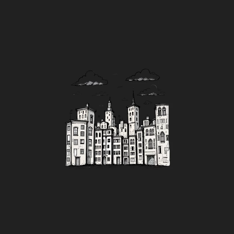 Stylized Black and White Cityscape Illustration Bucket Hat