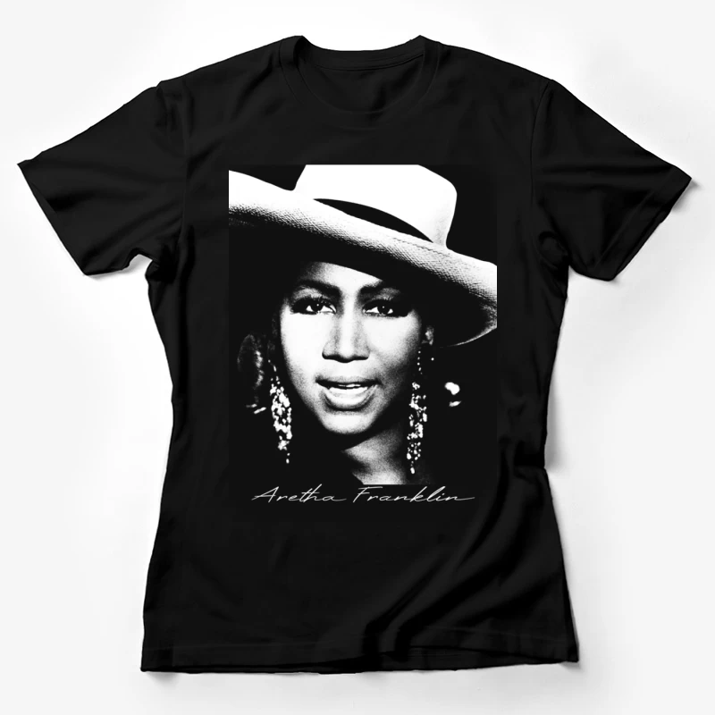 Classic Black and White Portrait with White Hat and Statement Jewelry Female T-Shirt