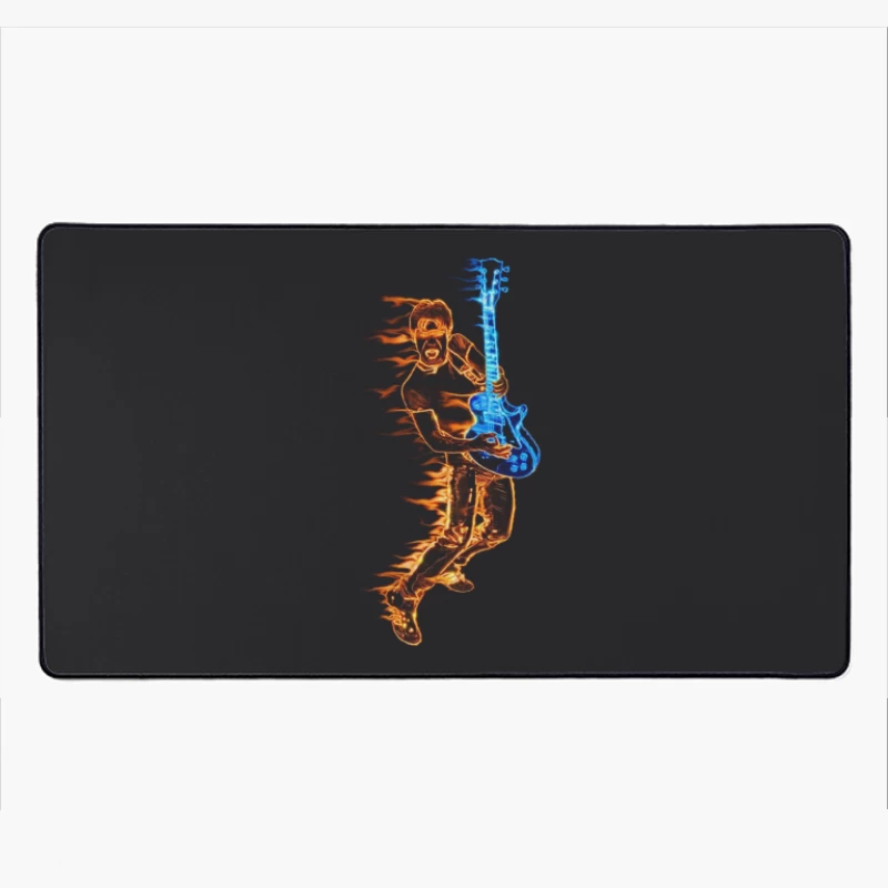 Energetic Guitarist Playing with Flames Desk Mat