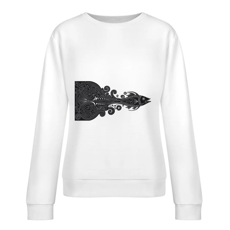 Ornate Black and White Fish Illustration with Intricate Swirls Female Pullover Sweatshirt