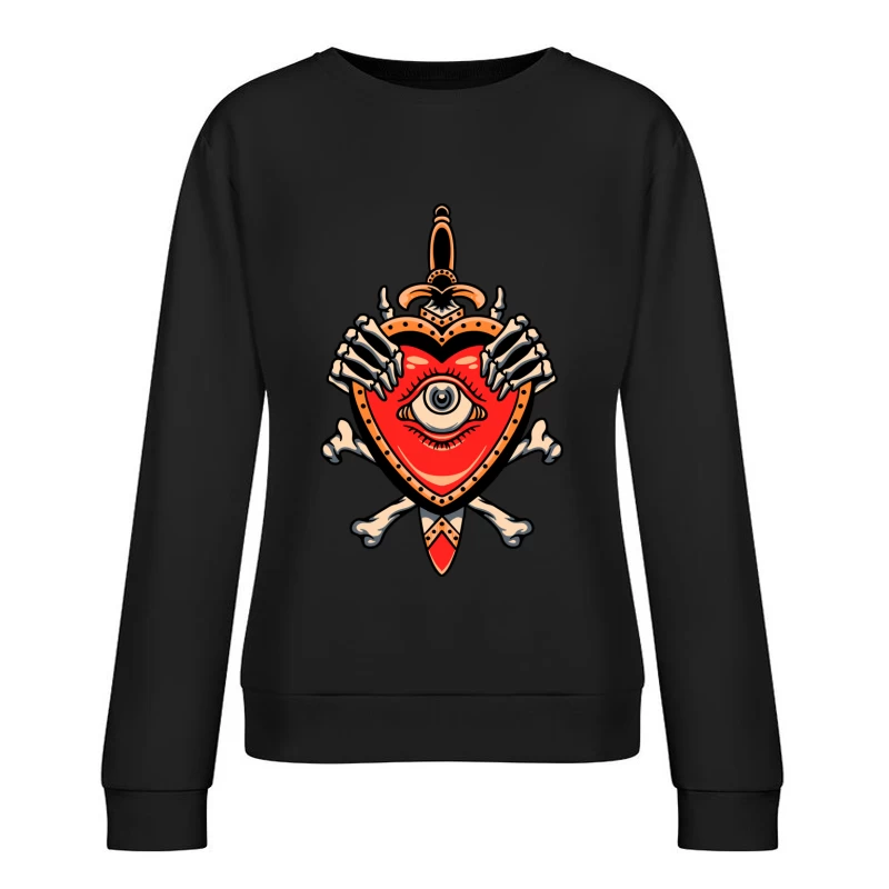 Heart with Eye and Skeleton Hands Female Pullover Sweatshirt