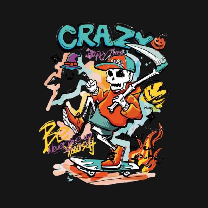 Skelett auf Skateboard beim Crazy Happy Time Herren Langarm T-Shirt