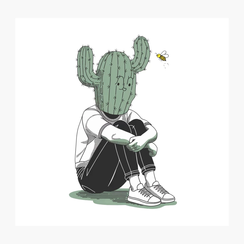 Surreal Cactus-Headed Figure: A Portrait of Isolation Throw Pillow