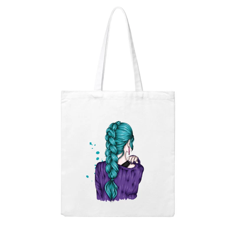 Teal Braided Hair Fashion Illustration Cotton Tote Bag