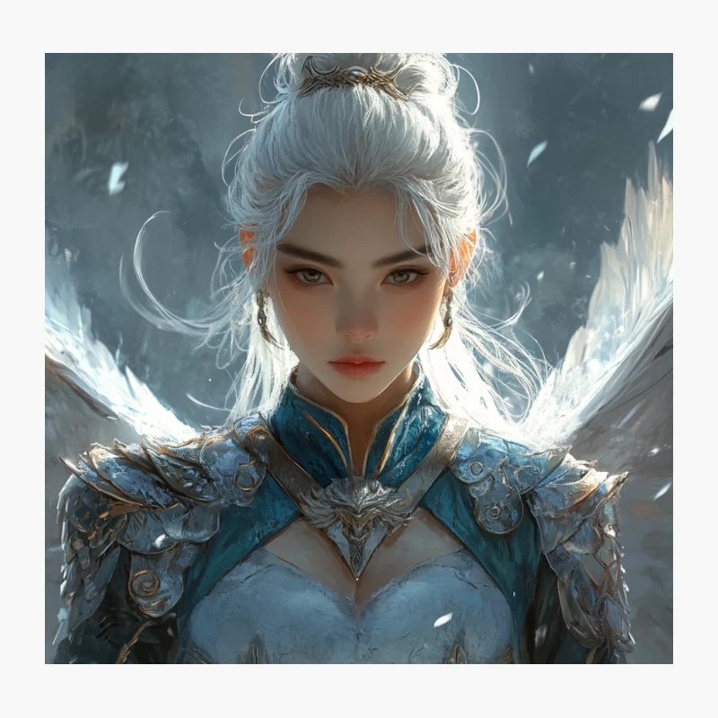 Ethereal Angel Warrior with White Hair and Blue Armor Throw Pillow