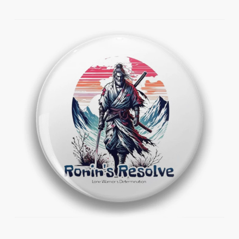 Lone Ronin's Resolve Against Mountain Sunset Pin