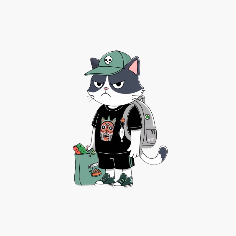 Grumpy Street Style Cat with Skull Cap and Groceries Cotton Tote Bag