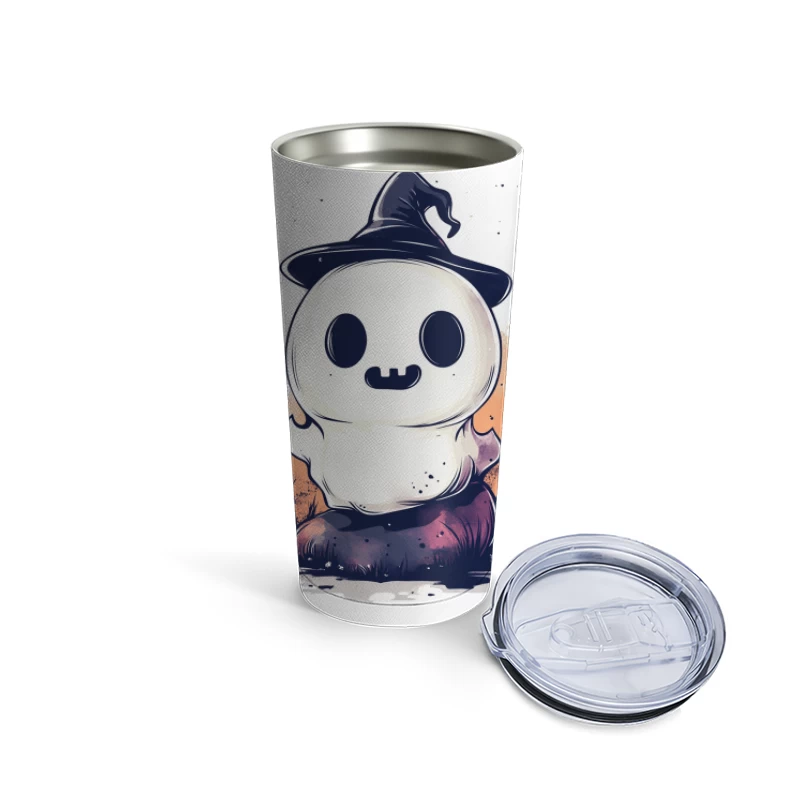 Cute Ghostly Halloween Character with Witch Hat Travel Mug