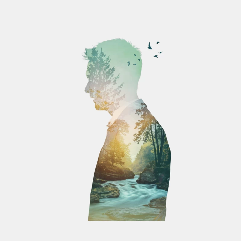Silhouette's Natural Harmony: A Double Exposure of Forest and River Male Tank Top