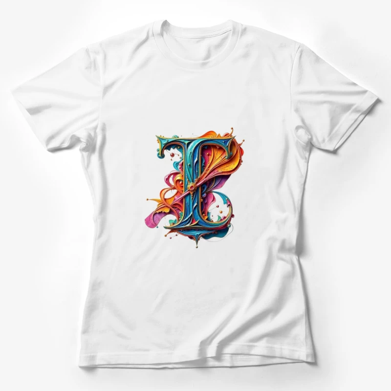 Ornate Colorful Letter T Typography with Decorative Flourishes Female T-Shirt