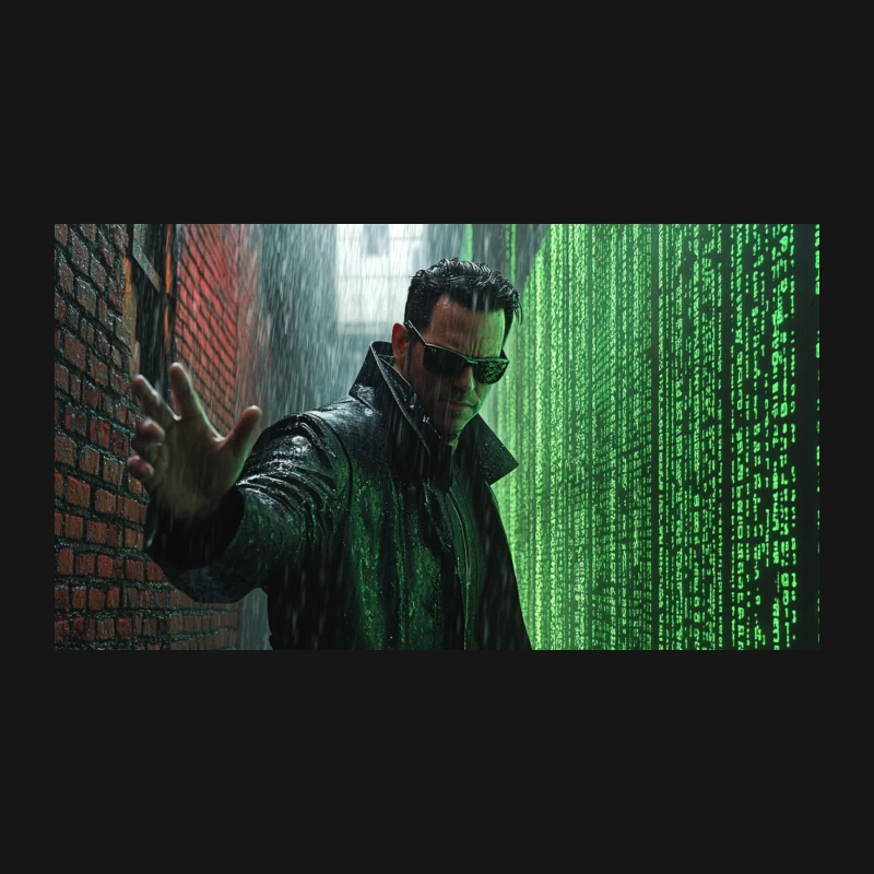 Cyberpunk Scene: The Matrix's Digital Rain in a Rainy Alley Desk Mat
