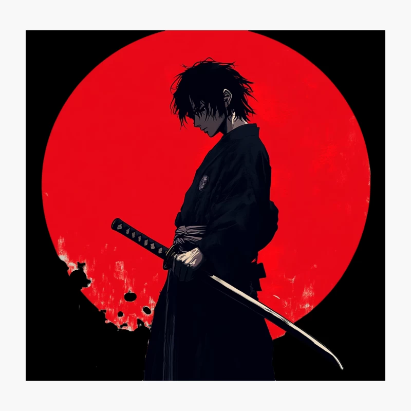 Silhouetted Samurai with Katana Against Red Sun Throw Pillow
