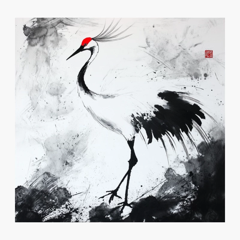 Elegant Red-Crowned Crane in Minimalist Japanese Ink Painting Throw Pillow