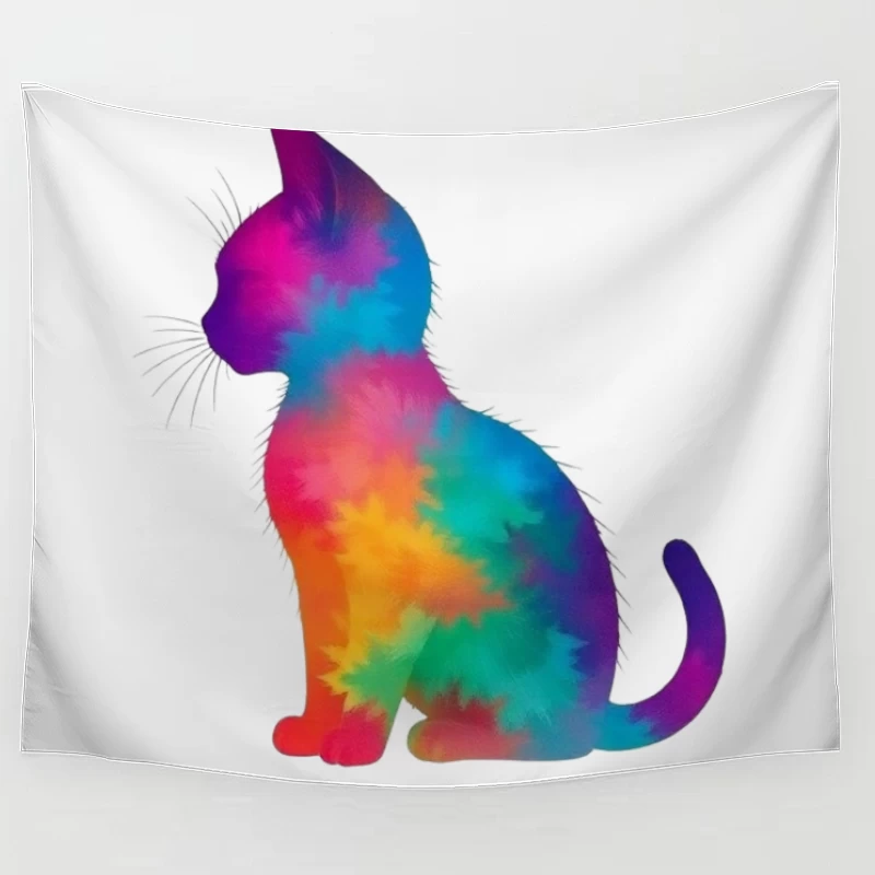 Rainbow Tie-Dye Cat Silhouette Art Tapestry