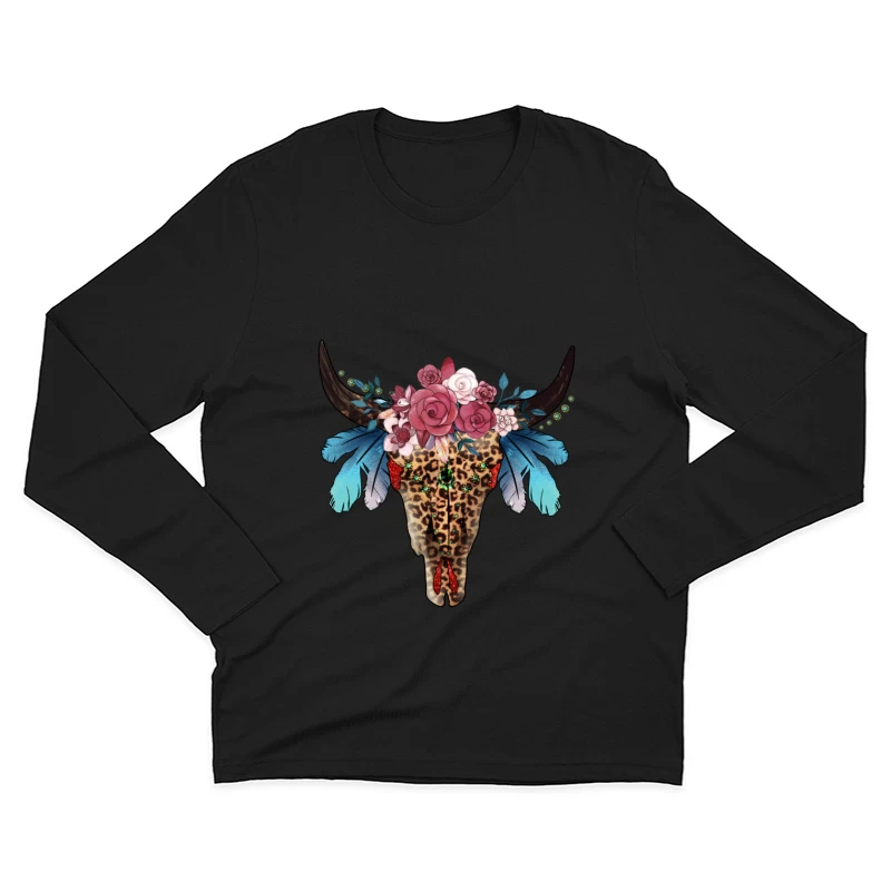 Verzierter Stierschädel mit Blumen und Federn Herren Langarm T-Shirt
