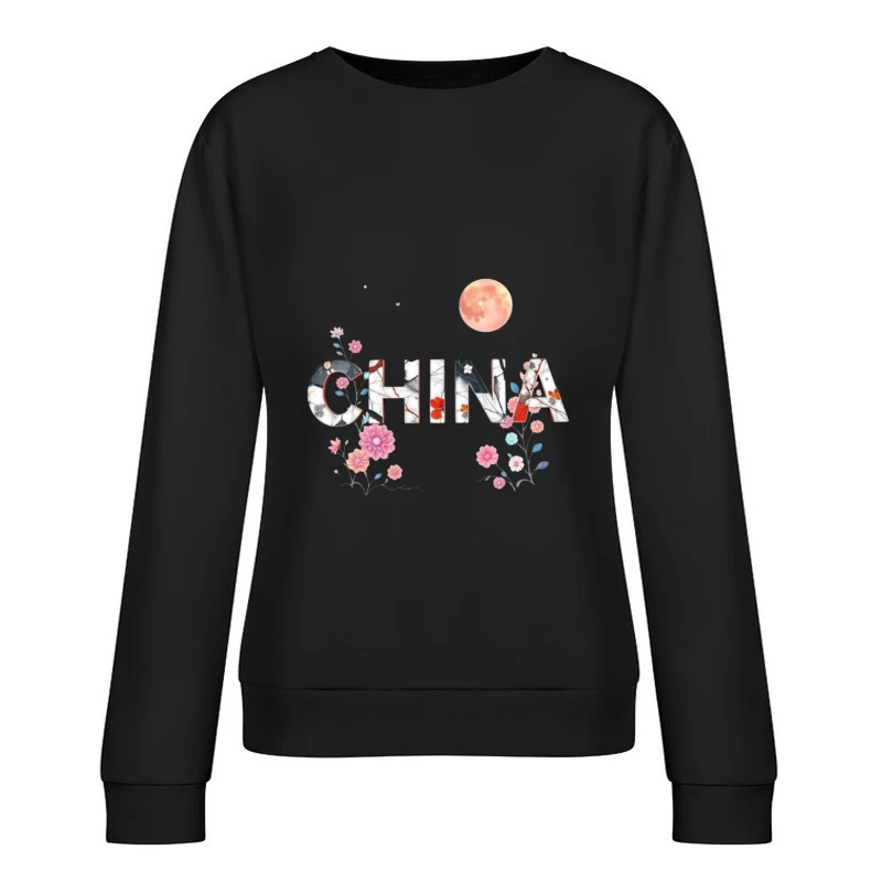 Floral Chinese Typography with Pink Moon and Cherry Blossoms Female Pullover Sweatshirt