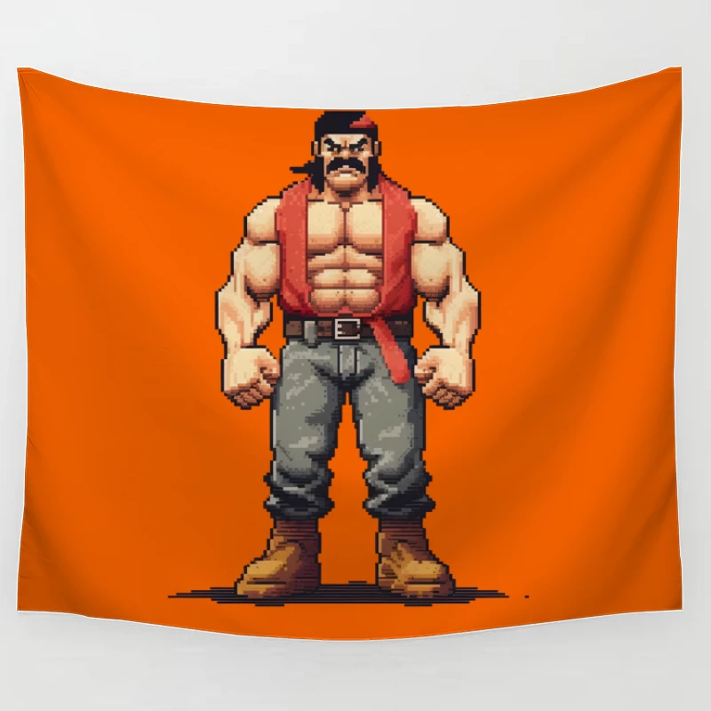 Retro Pixel Art Muscular Fighter in Red Vest Tapestry