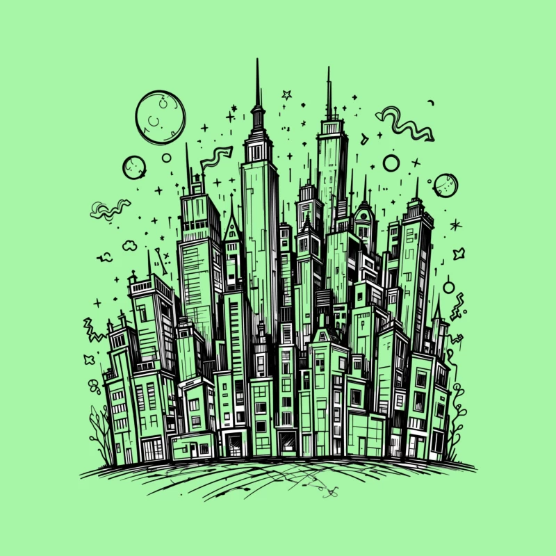 Urban Black and White Cityscape Illustration Throw Pillow
