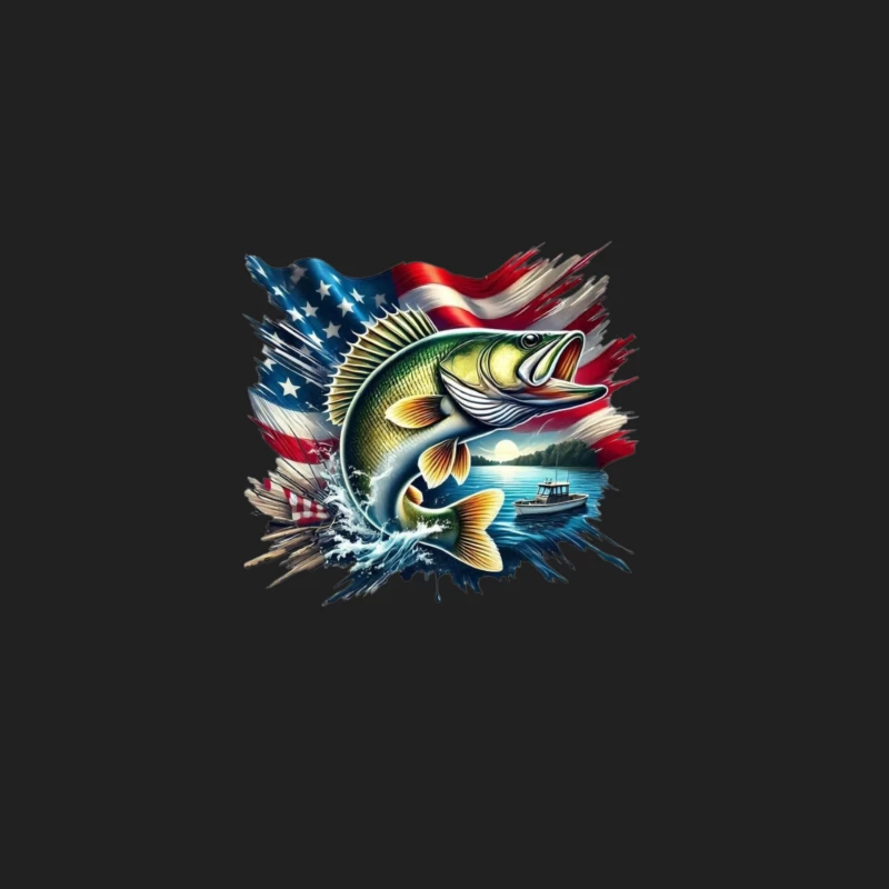 Dynamic Fish with American Flag and Scenic Background Bucket Hat
