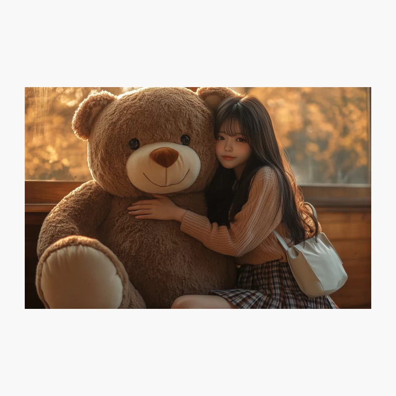 Cozy Comfort: Child Hugging Large Teddy Bear by Window Travel Mug