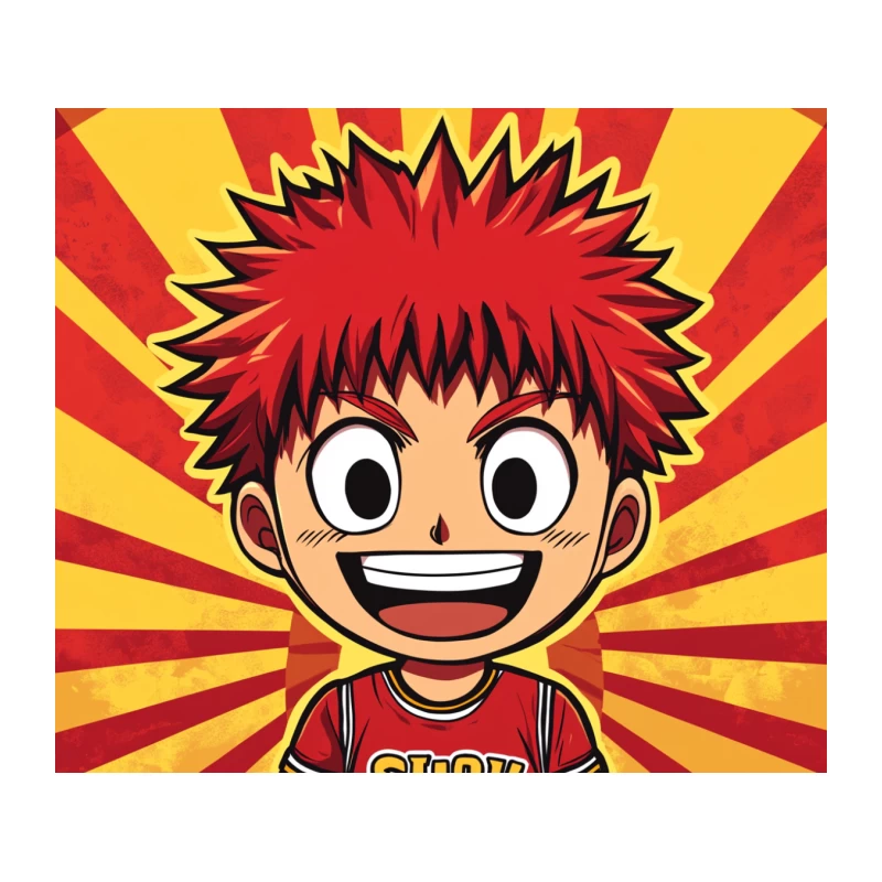 Cheerful Anime Character with Red Hair on Sunburst Background Tapestry