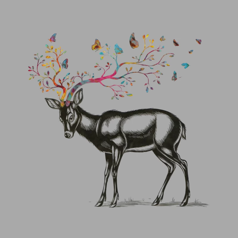 Surreal Deer with Colorful Antler Tree and Butterflies Male Pullover Hoodie